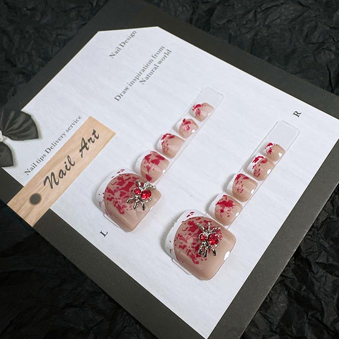 24Pcs French Tip Press on Toenails Short Square Fake Toe Nails with Bloody Designs 3D Spider False Toenails Glue on Nails Halloween Acrylic Nails Press on Spider Rhinestones Stick on Nails for Women