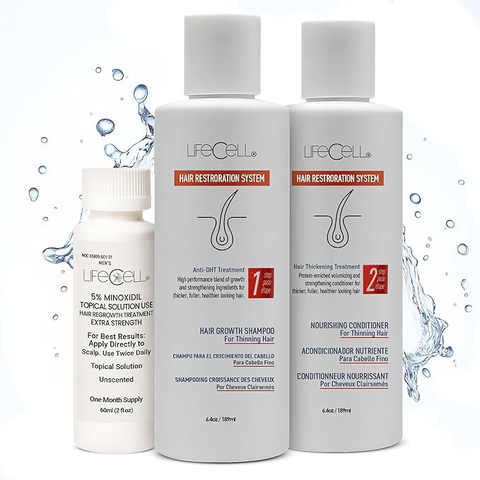 LifeCell Hair Restoration System for Women 2% – Hair Growth Treatment with Minoxidil, Anti-DHT Shampoo & Conditioner – Thicker, Fuller Hair – Supports Scalp Health & Hair Regrowth – 16.8 Fl Oz