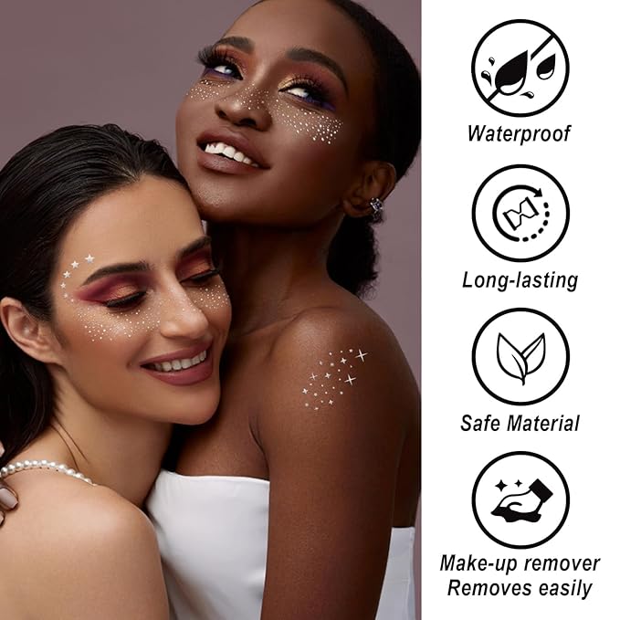 20PCS Glitter Freckles, Glitter Freckles Face Tattoo, Sparkle Freckles for Women and Kids, Cute Star Waterproof Silver Temporary Face Tattoos Glitter Glow Up Patches Makeup Patches (Silver)