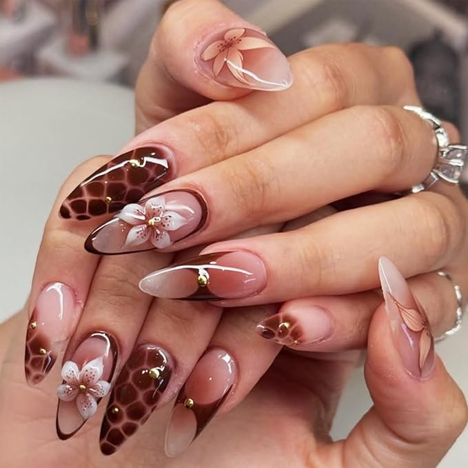 Handmade Press on Nails Medium Nude Brown Gradient Almond Fake Nails with Stereoscopic Flower Design Summer Glue on Nails Glossy Almond Shaped False Nails Reusable Stick on Nails for Women Girls 24Pcs