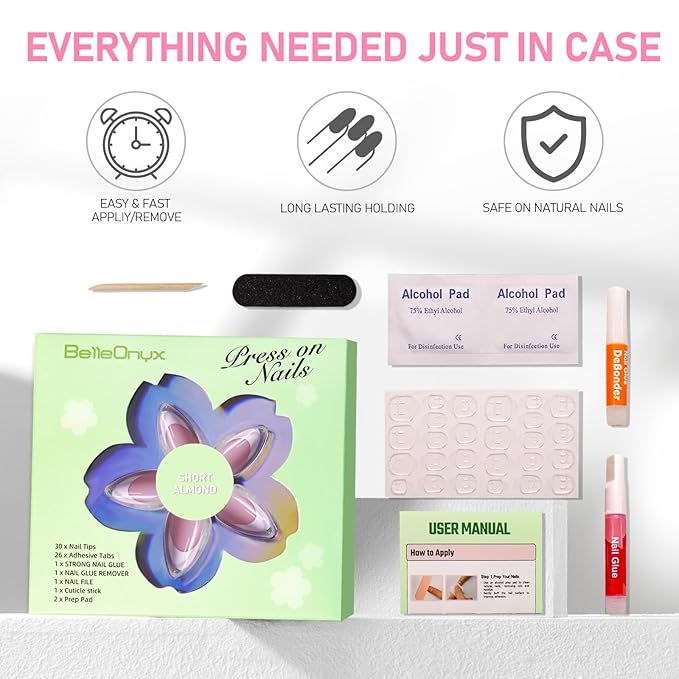 Press On Nails Almond White French Tip Nails wtih Glue & Glue Remover Short Nail Tips, Stick On Nails Kit in 15 Sizes, Glossy Natural Fit Reusable for Busy Mom