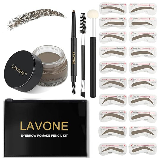 LAVONE Eyebrow Stamp Stencil Kit for Eyebrow, Brow Stamp Trio Kit with Waterproof Eyebrow Pencil, Eyebrow Pomade,20 Eyebrow Stencils,Dual-ended Eyebrow Brush and Sponge Applicator - Dark Grey