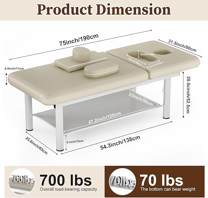 Olela Heavy Duty Stationary Massage Table with Adjustable Backrest, 31.5" Wide Professional Spa Facial & Therapy Bed, Metal Frame PU Leather Treatment Table for Salon & Clinic