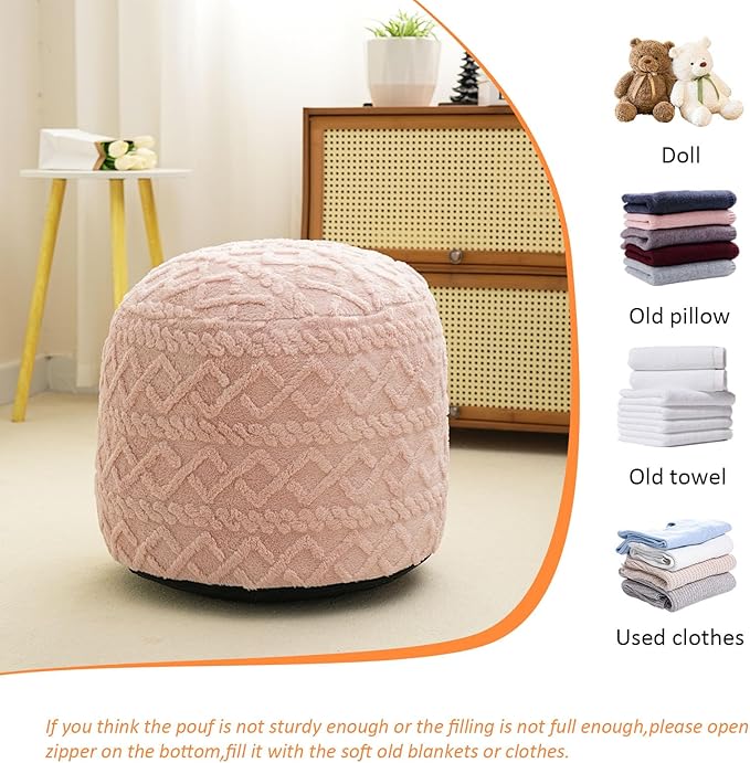 Round Stuffed Pouf Ottoman, Corduroy Poufs with Foam Chunk Filling, Furry and Fluffy Pouf Foot Stool Storage Pink 26"