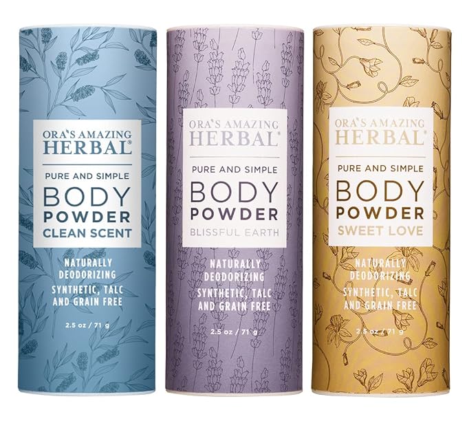 Ora's Amazing Herbal Natural Talc-Free Body Powder for Women, Variety Pack with Essential Oils, No Talc or Corn, Grain-Free, Scented Bath and Dusting Powder, 2.5 oz (3-Pack)
