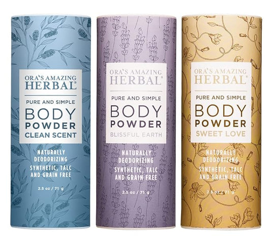 Ora's Amazing Herbal Natural Talc-Free Body Powder for Women, Variety Pack with Essential Oils, No Talc or Corn, Grain-Free, Scented Bath and Dusting Powder, 2.5 oz (3-Pack)