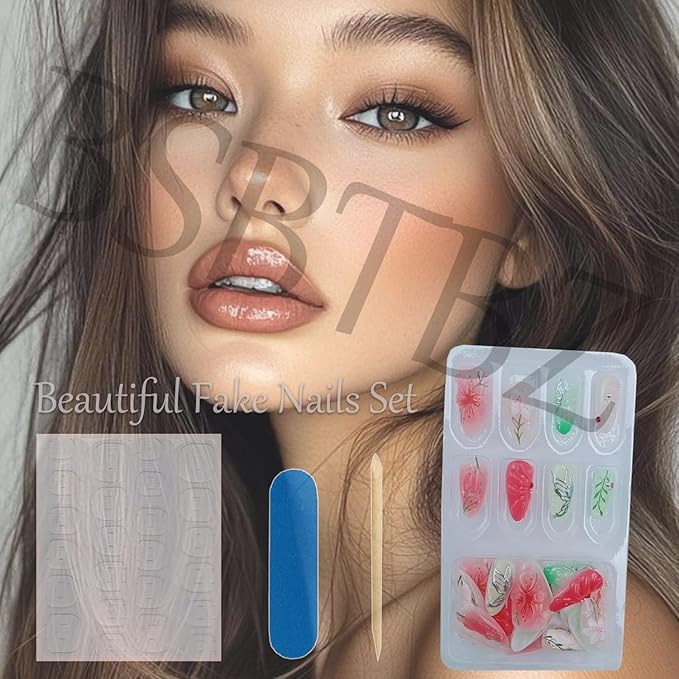 30Pcs Floral Press On Nails Short Almond Nails with Colorful Flower Butterfly Designs Hand-Painted Leaves Stick On Nails Multi-color French Tip Press Ons Handmade Elegant Set for Spring & Summer