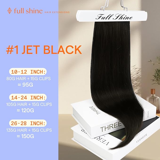 Full Shine Human Hair Extensions 26 Inch Jet Black Clip in Hair Extensions Human Hair Black Clip in Extensions for Women for Length Soft Straight 7 Pcs 150 G