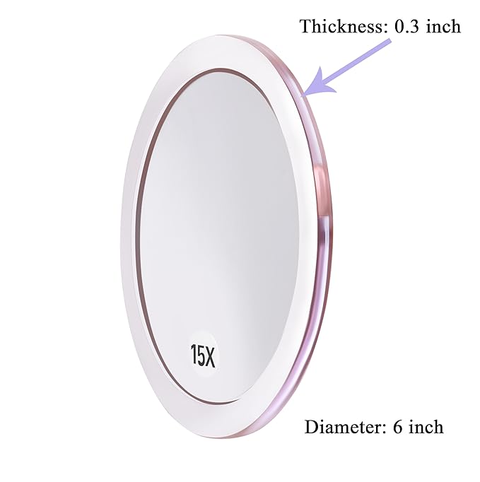 15X Magnifying Mirror - with 3 Mounting Suction Cups - Used for Precise Makeup - Eyebrows/Tweezing - Blackhead/Blemish Removal - Bathroom/Travel Makeup Mirror - 6 Inch Round (Rose Gold)
