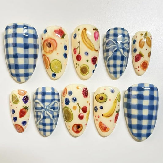 24pcs Fruit Press on Nails Medium Almond Fake Nails with Bow Lemon Banana Cherry Blueberry Strawberry Design Summer False Nails Kit Blue White Lattice Glue on Nails Full Cover Stick on Nails for Women