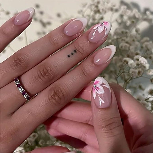 IMRAIN Medium Almond Press on Nails White French Tips Fake Nails with Pink Flower Designs Glossy Gel Glue on Nails Full Cover Spring Floral Acrylic False Nails Stick on Nails for Women 24Pcs