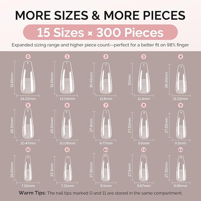 MelodySusie Long Coffin X Nail Tips - 300Pcs Clear Acrylic, Half Matte Full Cover Press on Nails for DIY Extension & Salon Use,15 Sizes Pre-Shaped for Long-Lasting Manicure