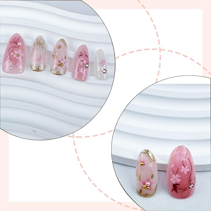 30Pcs Pink Flower Press on Nails Medium Almond Fake Nails with 3D Pearl Bow Rhinestones Design Gilding Peach Blossom False Nails Cute Cat Spring Floral Stick on Nails for Women Summer Decor