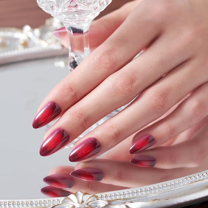 Wooyas Press on Nails Almond, Ombre Red Short Stiletto Glossy False Nails,Reusable Salon Perfect Fake Nail Kit in 12 Sizes - 24 Pcs Soft Gel Glue On Nails Kit for Women Gift