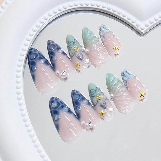 24Pcs Blue French Tip Press on Nails Medium Almond Fake Nails with Gold Seashell Designs 3D Flower Pearl Rhinestones Acrylic Stick on Nails Summer False Nail Tips Glue on Nail for Women