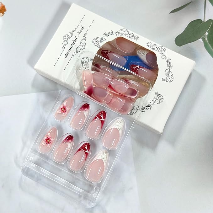 Red French Tip Press on Nails Medium Almond Fake Nails with 3D Flower Designs Summer False Nail Tips Glue on Nails Acrylic Full Cover Stick on Nail for Women Quick Manicure Kit 24Pcs