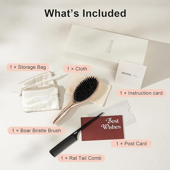 RHOS Boar Bristle Hair Brush, Soft Natural Bristle Brush for Short & Oily Hair, Smooth & Add Shine, Set Includes Rat Tail Comb, Storage Bag (0.394inch Bristle)