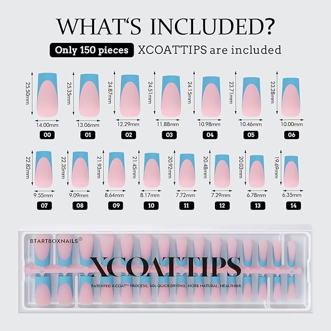 BTArtboxnails XCOATTIPS French Tip Press On Nails - Blue Press On Nails Square, Long Fake Nail Tips, 150Pcs Soak Off Soft Gel Acrylic Nail Extension in 15 Sizes