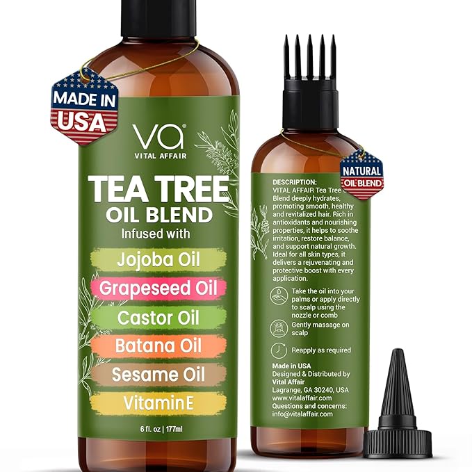 Tea Tree Oil For Hair With Jojoba, Castor, Batana Oil - Tea Tree Hair And Scalp Treatment - Hair Oil For Dandruff - Helps Strengthen, Volumize & Promotes Hair Growth - 6 Fl Oz