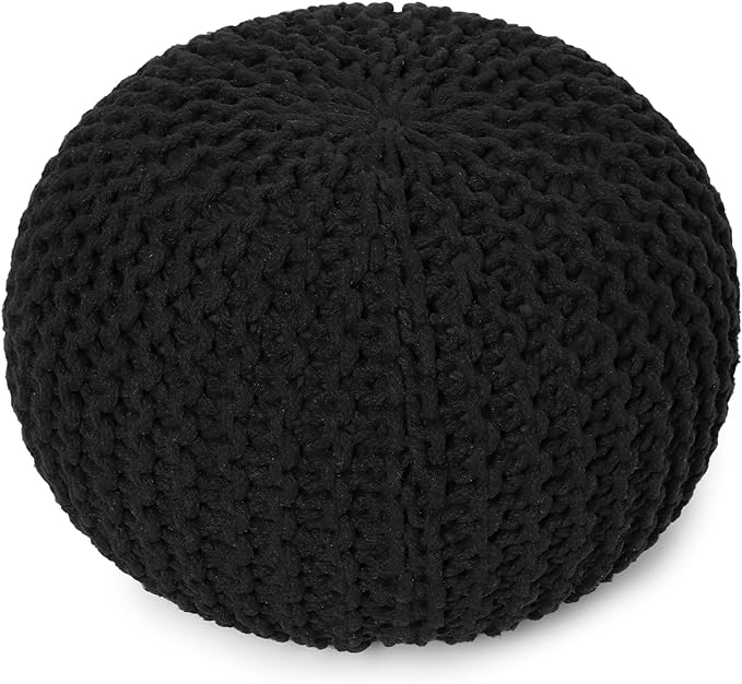 REDEARTH Round Pouf Foot Stool Ottoman - Hand Knitted Bean Bag - Cord Boho Pouffe - Cable Poof Footrest for Living Room - Nursery - Bedroom - Patio - 100% Cotton - Home Decor (19.5"x19.5"x14") - Black
