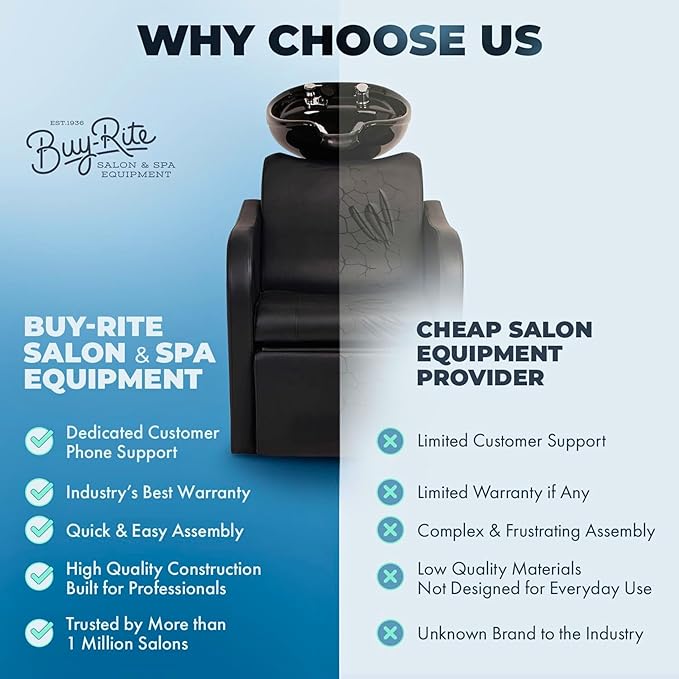 Buy-Rite Lexus Backwash Unit – Salon Shampoo Chair with Tilting Black Porcelain Bowl, Extra Wide Seat, Kick-Out Leg Rest, Neck Rest & Single Handle Faucet – Professional Backwash Station – TS-8018B