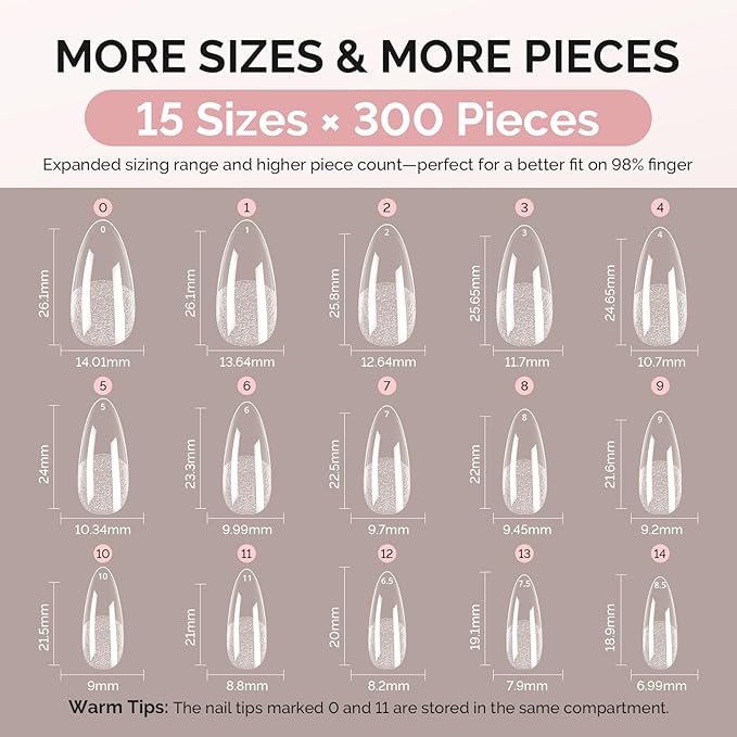 MelodySusie Medium Almond X Nail Tips - 300Pcs Clear Acrylic, Half Matte Full Cover Press on Nails for DIY Extension&Salon Use,15 Sizes Pre-Shaped for Long-Lasting Manicure