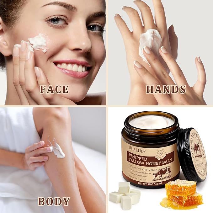 Organic Beef Tallow for Skin, Tallow Face Moisturizer, Tallow and Honey Balm, Grass-Fed Whipped Beef Tallow and Honey Cream, Deeply Moisturizing for Face & Body, Suitable for Dry & Aging Skin,4.2 oz