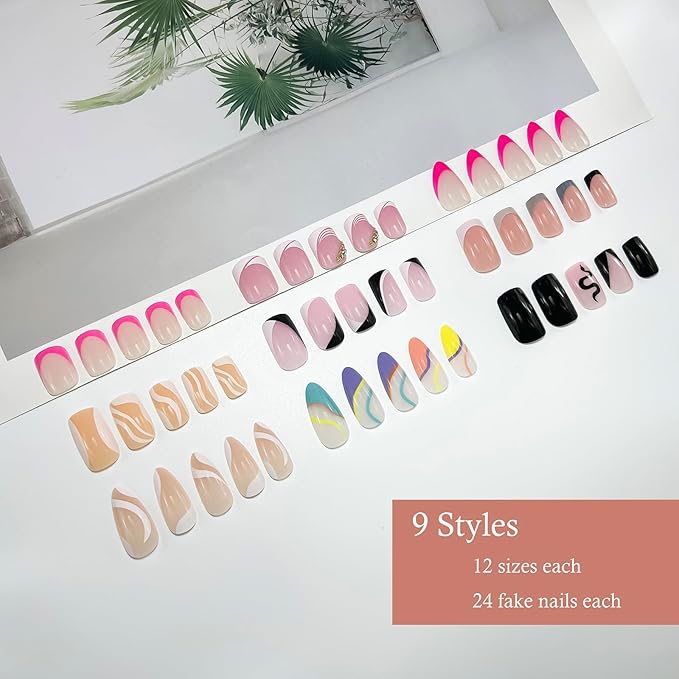 Swirl Press on Nails - 9 Styles, 12 Sizes - Almond, French Tip, Short Square Nails for Girl Nail Art