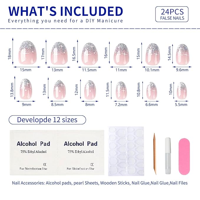 French Pink Press on Nails Short Oval, Summer Fake Nails with Sparkly Silver French Tips Designs, Glossy Gel Finish Acrylic Nails, Thick Reusable Glue on Nails Kit for Women, 24Pcs, Silver Blessing