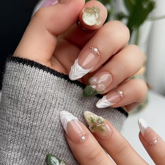 Flower Press on Nails Green Fake Nails Medium Almond False Nails with Pearl Design White French Tip Glue on Nails Glossy Artificial Acrylic Full Cover Nude Stick on Nails for Women Manicure 24Pcs