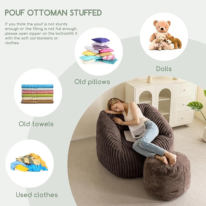 HIGOGOGO Pouf Stuffed Ottoman Round Modern Foam Filled Foot Rest Chair Decorative Poufs 20 x 15 Inches Fluffy Boho Comfy Stool for Living Room, Brown