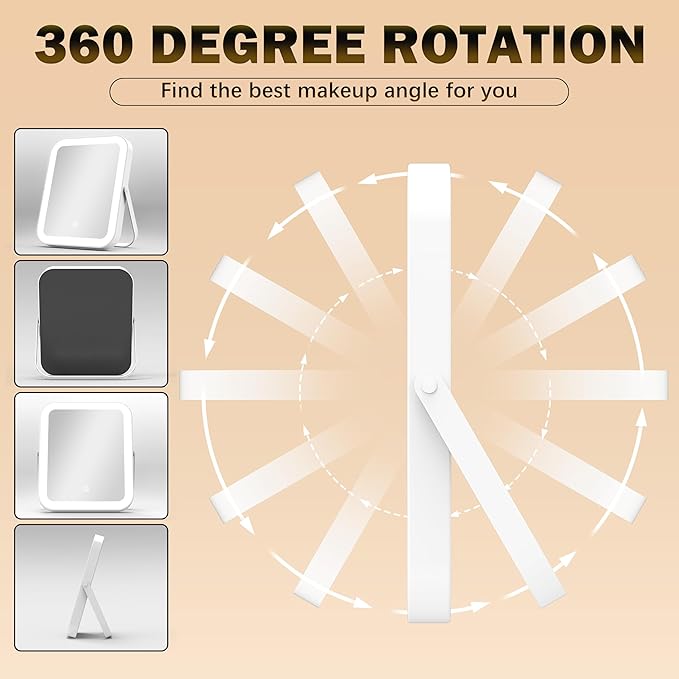 10"x8" Portable Lighted Makeup Mirror with 3-Color Dimmable LED, Touch Screen Vanity Mirror for Travel or Bedroom Desk (White)