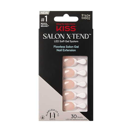 KISS Salon X-tend, Press-On Nails, Nail glue included, 'Nonsense', Light White, Short Size, Almond Shape, Includes 30 Nails, 5Ml Led Soft Gel Adhesive, 1 Manicure Stick, 1 New Mini File, New Prep Pad