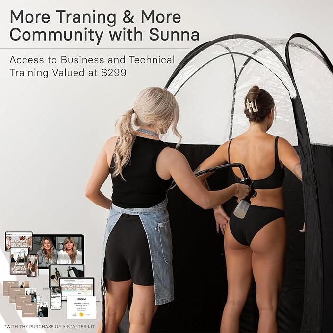 Spray Tan Pro Package by SunnaTan - HVLP Spray Tan Gun, 3X Tanning Solutions, Barrier Cream, Body Lotion, Blending Brush, Powder Spray, Foot Stickies & Training Course