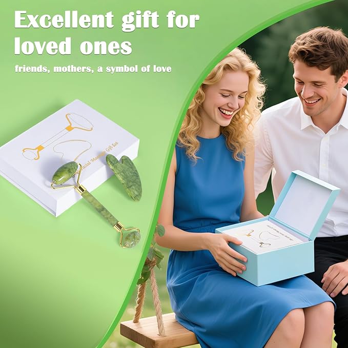 Jade Roller Gua Sha Tools - Nature Gua Sha Facial Tool Skin Tightening Face Massager Anti-Aging Jade Face Roller Puffiness Reducing Guasha Stone for Women Men