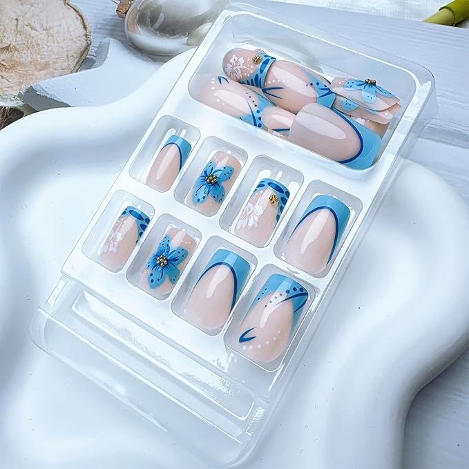 24pcs French Tip Press on Nails Short Square Blue Flower Fake Nails with Gold Beads Designs Summer False Nails Kit Cute Floral Glue on Nails Full Cover Stick on Nails for Women Nail Decoration