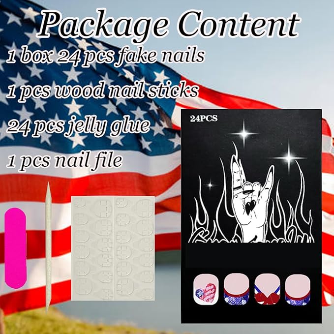 24Pcs Independence Day Press on Nails Short French Tip Fake Nails 4th of July Glue on Nails Glitter Heart American Flag Acrylic Nails Bow Nails Tip Cute False Nails Patriotic Stick on Artificial Nails