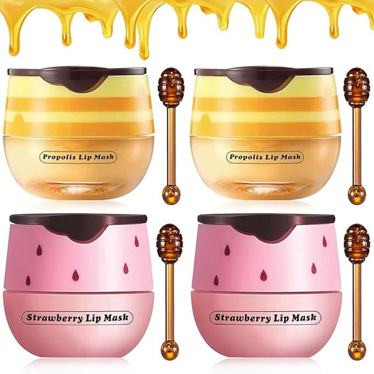4PCS Strawberry & Bee Lip Balm Honey Pot, Vitamin E & Moisturizing Propolis Sleeping Lip Mask, Effective Reduces Lip Lines Prevention Dry and Cracked Scrubs Exfoliator Smoothing Dry Lip Care