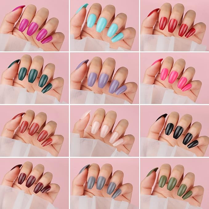 FANDAMEI Press on Nails Medium Length, 24 Pack 576PCS Glossy Medium Coffin Fake Nails Full Cover, Acrylic Short Ballerina False Nail tips with Nail Glue, Nail Adhesive Tabs, Nail File for Nail Art DIY
