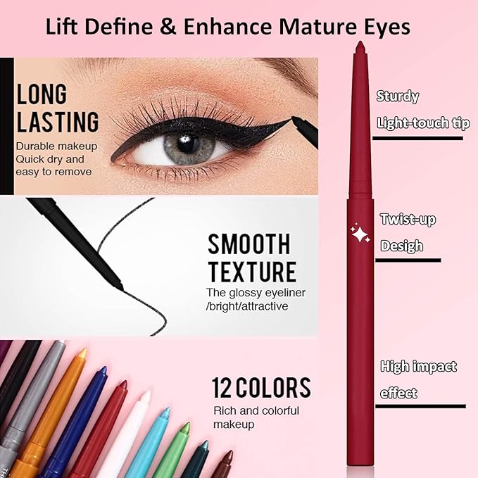 Black Eyeliner Pencil Waterproof Black Pencil Eyeliner Retractable black gel eyeliner Smudge-proof Long Lasting Hypoallergenic (12# black shimmer)