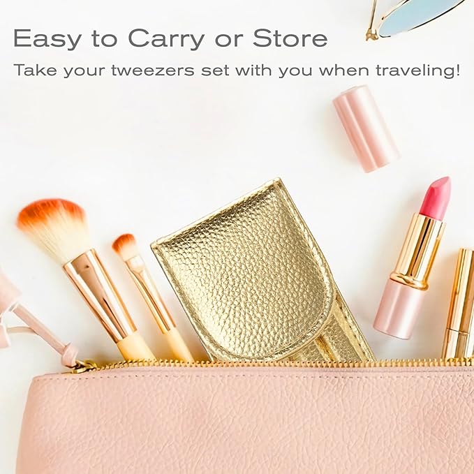 4-Pcs Glitter Stainless Steel Precision Tweezer Set for Eyebrows, Ingrown Hair & Lash Extensions (Gold)