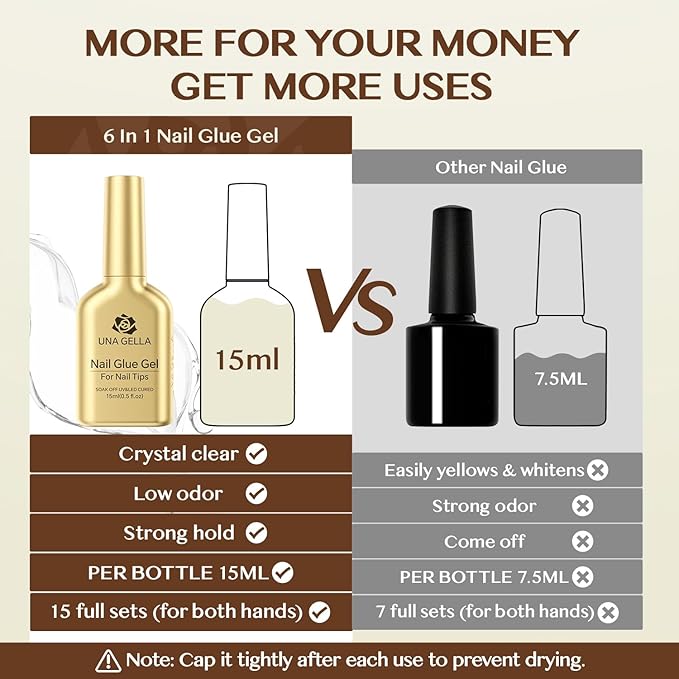 UNA GELLA 6 in 1 Gel Nail Glue for Clear Acrylic Nails Tips, 2Pcs 15ml Super Strong Brush UV Nail Glue Long Lasting Lamp Curing Required for Fake Nails Tips, Christmas Nail Art