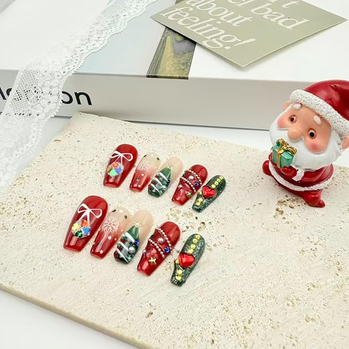 10Pcs Christmas Press on Nails Medium Square Fake Nails with 3D Pearl Rhinestones Designs Christmas Snowflake Xmas Tree False Nails Red Glossy Full Cover Handmade Stick on Nails for Women Girls DIY