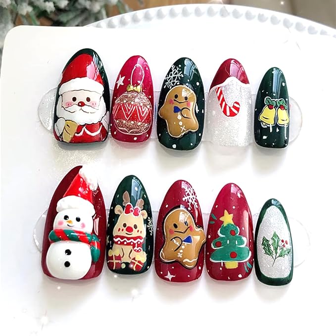 24Pcs Christmas Press on Nails Medium Almond Fake Nails with Cute Santa Claus Candy Canes Design Xmas Red Green Elk Gingerbread Man Snowman False Nail Tips Handmade Nails for Women