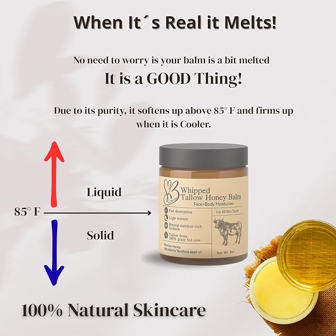 Beef Tallow for Skin- Tallow Balm for face- Tallow Face Moisturizer - Beef Tallow Moisturizer- Tallow and Honey Balm - Grass Fed Beef Tallow For Skin - Tallow Face Cream Lotion (8.0 oz)