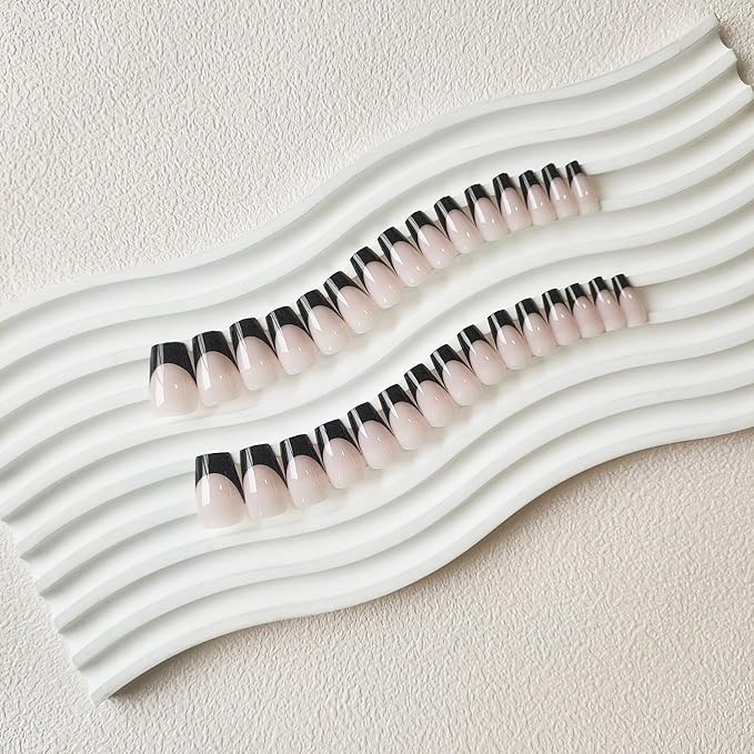 30Pcs Black French Tip Press on Nails Short Coffin Nails Press ons, Short Fake Nails T Shaped Acrylic French Glue on Nail False for Women, Natural Stiletto15 Sizes