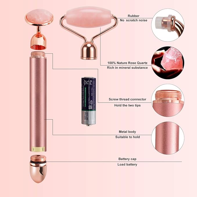 2-IN-1 Electric Jade Roller Massager Facial Roller & Face Massager, Rose Quartz