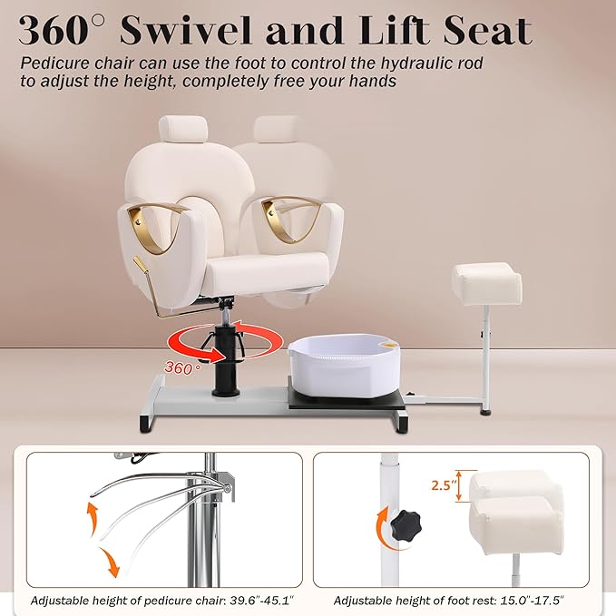 Pedicure Station No Plumbing, Hydraulic Pedicure Chair for Nail Tech, Height Adjustable Reclining Pedicure Station Unit, 360 Degree Swivel Foot Spa Chair with Massage Foot Bath (White-Golden)