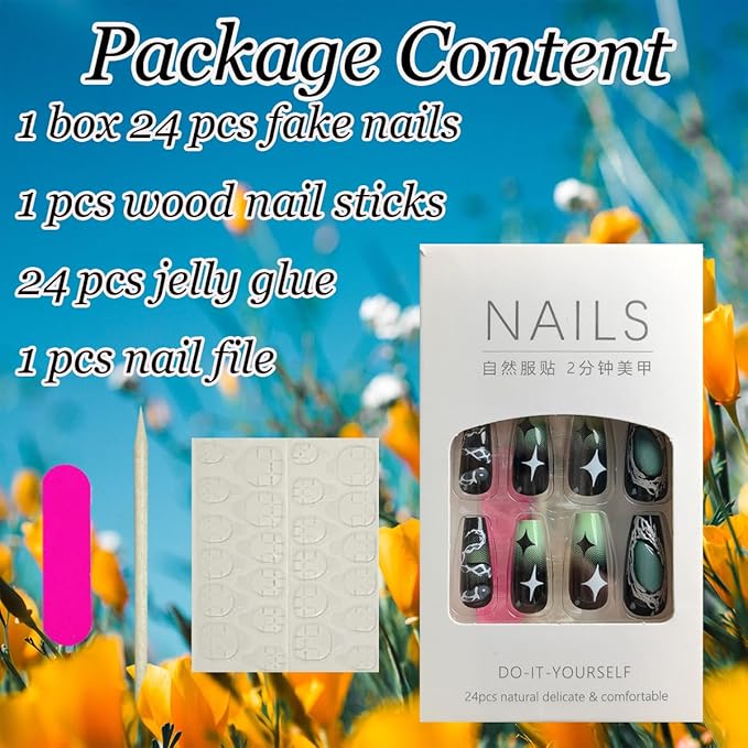 24Pcs Square Press on Nails Medium Punk Fake Nails Green Black Gradient 3D Acrylic Nails Luxury Gems Design Y2k Coffin Glue on Nails Snake Charms False Nails Flame Star Stick on Nails Decoration