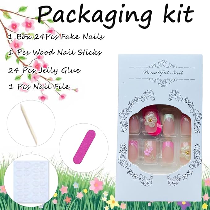 Pink French Tips Press on Nails Short Square Spring Fake Nails with 3D Flower Design Full Cover Glue on Nails Flowers Acrylic Nail Tips Kit Glossy Artificial Nails for Women Summer Nails Decor 24Pcs